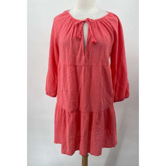 J Crew Cotton Gauze Mini Dress Keyhole V Neck Long Sleeve Coral Pink Womens M - Picture 2 of 9